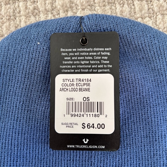 True Religion Arched Logo Beanie Blue Ribbed Knit 100% Cotton NWT - Picture 6 of 7